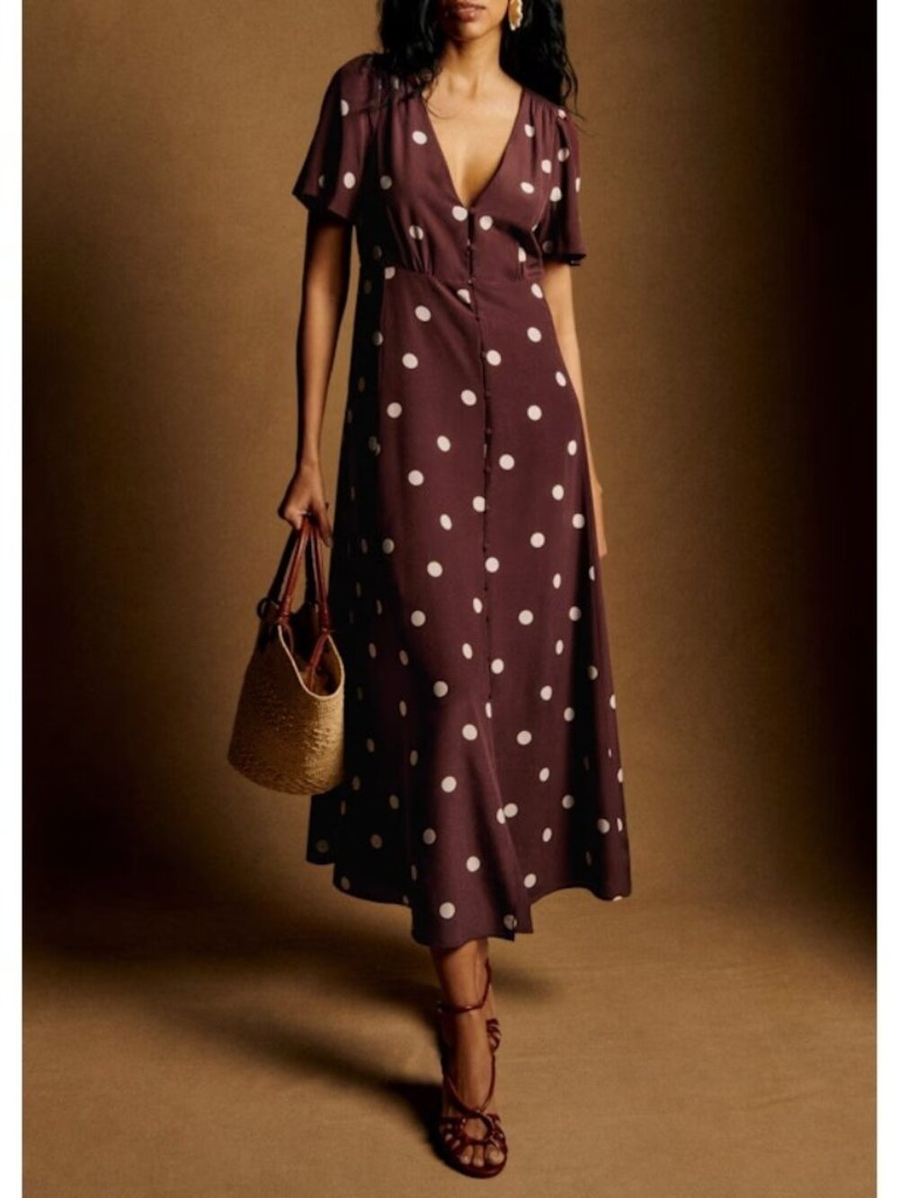 NWT Sezane Solia in Chocolate Ecru Polka Dot Silk Maxi Shirt Dress 38 / US 6